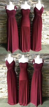 Mismatched Burgundy A Line Chiffon Floor Length Long Bridesmaid Dresses, SW1064