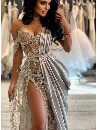 Sexy Off shoulder Sleeveless Side slit Sheath Prom Dresses,SW1908