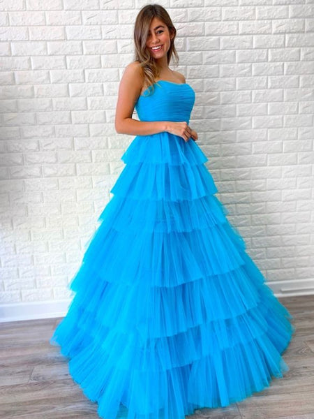 Blue Straight Tulle A-line Simple Long Prom Dresses, SW1016