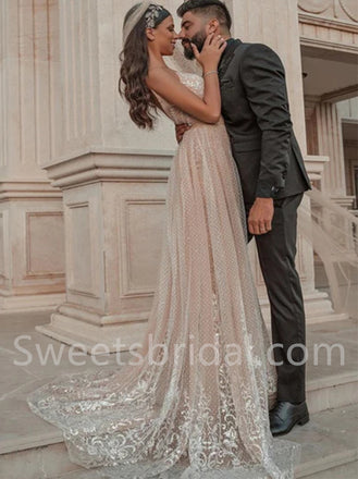 Elegant V-neck  Sleeveless A-line tulle Wedding Dresses,DB0275