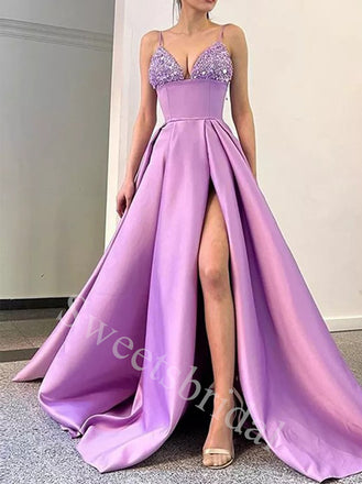 Sexy V-neck Sleeveless Side slit A-line Prom Dresses,SW1854