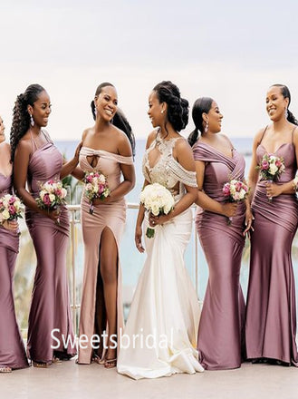 Mismatched Off-shoulder V-neck Mermaid Floor-length Elegant Simple Long Bridesmaid Dresses ,SWE1341