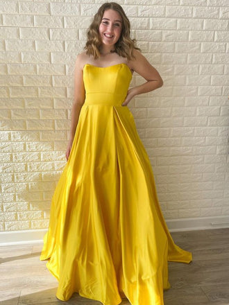 Simple Sweetheart A-line Satin Yellow Long Prom Dresses.SW1180