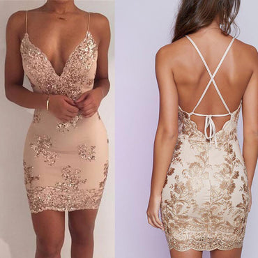 Sexy Spaghetti Strap V Neck Tight Mermaid Short Homecoming Dress, BTW141