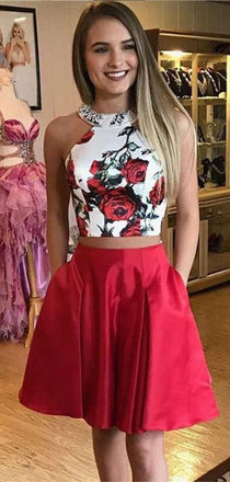 Cheap Two Pieces Halter Satin A Line Short Homecoming Dress, BTW163