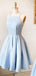 Cheap Light Blue Spaghetti Straps Satin A Line Short Homecoming Dresses, BTW153