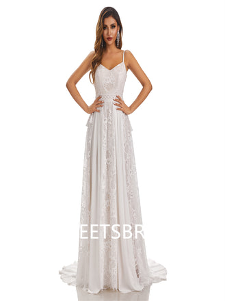 Sexy Spaghetti Straps A-Line Handmade Lace Wedding Dresses,DB0181
