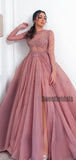 Elegant Scoop A-line Long Sleeve Tulle Long Prom Dresses.SW1249