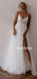Popular V-neck A-line Lace Simple Side Slit Wedding Dresses, WG209