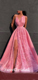 Simple V-neck A-line Sleeveless Side Slit Floor Length Prom Dresses,SW1019