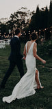 Charming V-neck Sleeveless Side Slit Long Wedding Dresses,WD1154