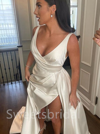 Simple V-neck Sleeveless Side slit A-line Wedding Dresses,DB0246