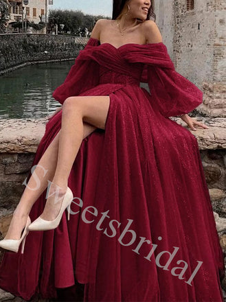 Sparkling Sweetheart Off shoulder Side slit A-line Prom Dresses,SW1933