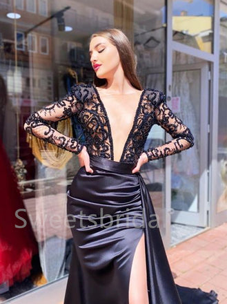 Sexy V-neck Long sleeves Side slit A-line Prom Dresses, SW1331