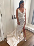 Simple V-neck Sleeveless Side slit A-line Wedding Dresses,DB0246