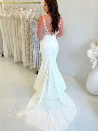 Simple V-neck Sleeveless Side slit Mermaid Wedding Dresses,DB0247