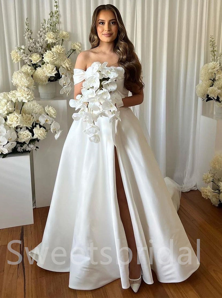 Simple Off-shoulder Side slit A-line Wedding Dresses, DB0212