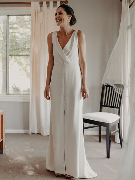 Charming V-neck Sleeveless Side Slit Long Wedding Dresses,WD1154