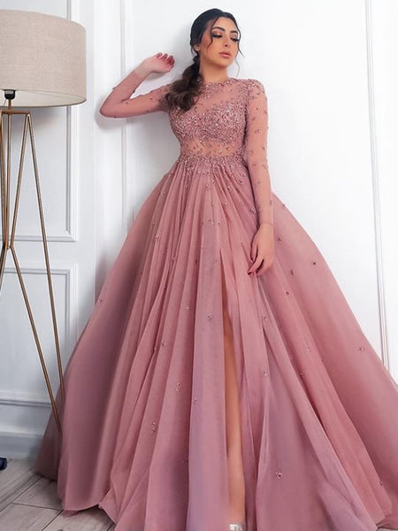 Elegant Scoop A-line Long Sleeve Tulle Long Prom Dresses.SW1249