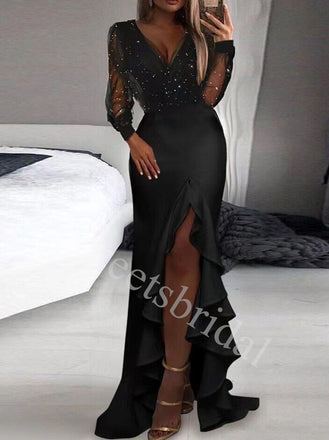Elegant V-neck Long sleeves Sise slit Mermaid Prom Dresses,SW1842