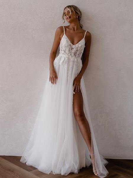 Popular V-neck A-line Lace Simple Side Slit Wedding Dresses, WG209