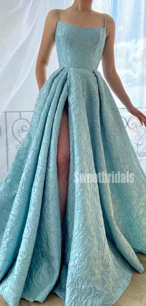 New Arrival Spaghetti Straps A-line Side Slit Long Prom Dresses Online.SWE1262