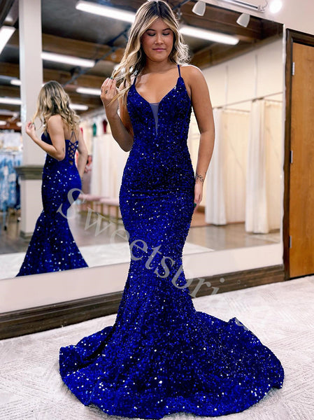 Sexy V-neck Sleeveless Spaghetti straps Mermaid Prom Dresses,SW1772