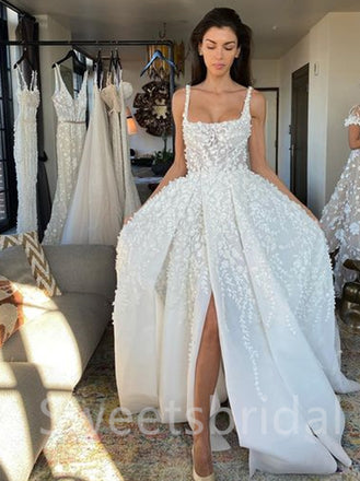 Simple Square Spaghetti straps A-Line Lace Wedding Dresses,DB0187