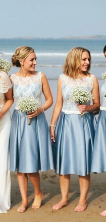 Short Summer Beach Junior Pretty Blue Satin White Lace Sleeveless Scoop Neck Bridesmaid Dresses, WG181