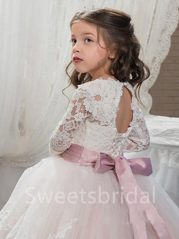 BeautifuI Long sleeves A Line Lace applique Flower Girl Dresses,FGS0044