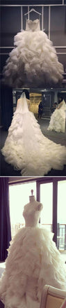 Spaghetti Strap Lace Top Unique Design Ruffles Ball Gown Cathedral Train Wedding Party Dresses,  WD0014