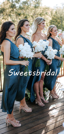 Simple Sexy V-neck Spaghetti Strap One-shoulder Slit Party Dresses Bridesmaid Dresses, SW1104