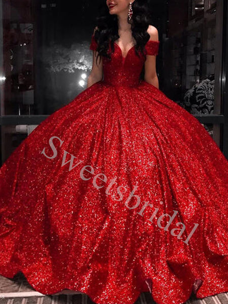 Red Sweetheart Off shoulder Ball-gown Prom Dresses,SWW1775