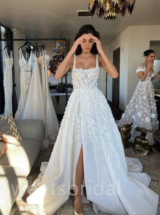 Simple Square Spaghetti straps A-Line Lace Wedding Dresses,DB0187