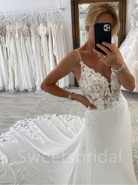 Simple Sexy Spaghetti straps V-neck Mermaid Lace applique Wedding Dresses,DB0207