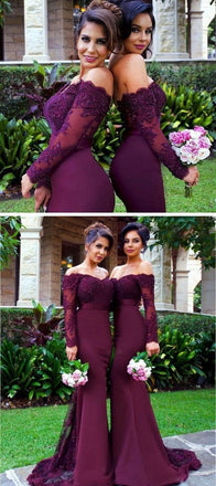Sexy Mermaid Long Sleeve Sabrina Empire Waist Lace Sweep Trailing Long Wedding Party Bridesmaid Dresses , WG153