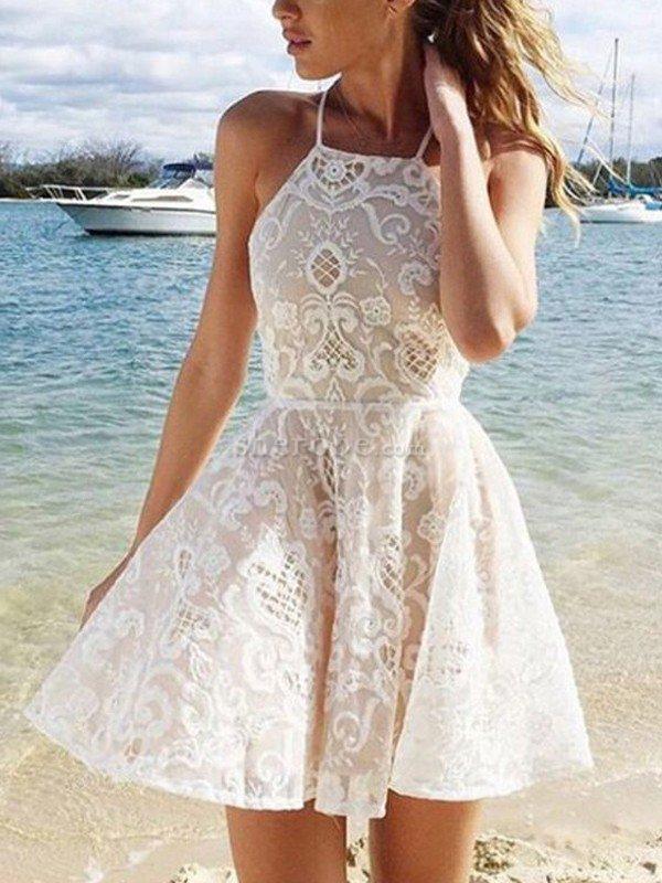 Simple Halter Lace Up Open Back A Line Short Homecoming Dress, BTW173