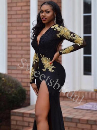 Sexy V-neck Long sleeves Side slit Mermaid Prom Dresses,SW1783