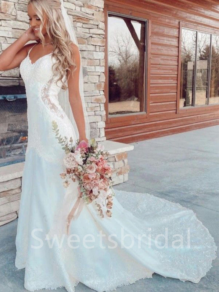 Sexy Spaghetti straps V-neck Mermaid Lace applique Wedding Dresses,DB0324