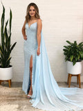 Sexy V-neck Mermaid Sequin Side Slit Long Prom Dresses.SW1196