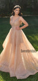 Charming V-neck A-line Sparkly Long Prom Dresses.SWE1245