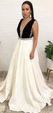 Sexy Deep V-neck A-line Black White Long Prom Dresses.SW1194
