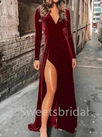 Elegant V-neck Long sleeves Side slit A-line Prom Dresses, SW1410