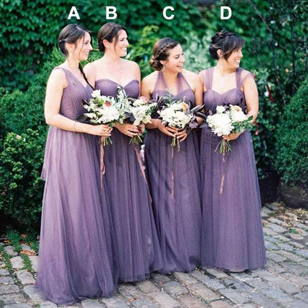 Popular Convertible Mismatched Purple Tulle Long A-line Wedding Party Dresses Cheap Charming Bridesmaid Dresses, WG167