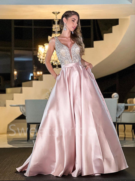 Elegant V-neck A-line Sleeveless Prom Dresses  ,SW1335