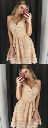 Elegant Spaghetti Strap V Neck Lace A Line Short Homecoming Dress, BTW174