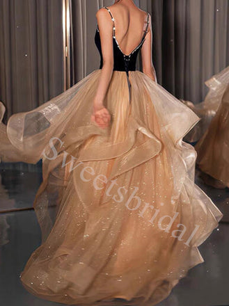 Elegant Spaghetti straps V-neck A-line Prom Dresses,SW1782