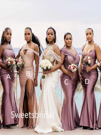 Mismatched Off-shoulder V-neck Mermaid Floor-length Elegant Simple Long Bridesmaid Dresses ,SWE1341