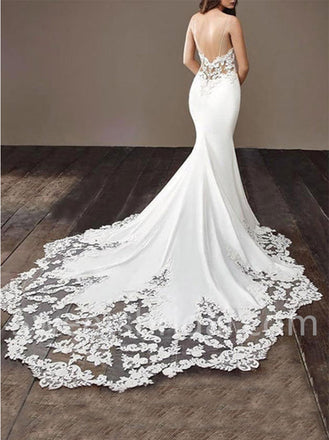 Elegant V-neck Spaghetti straps Mermaid Lace applique Wedding Dresses,DB0295