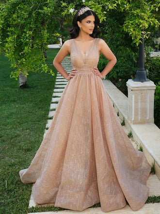 Charming V-neck A-line Sparkly Long Prom Dresses.SWE1245